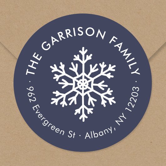 Navy Winter Snowflake Ronde Terugkeer Adres Label