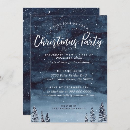 Navy Winter Waterverf kerstdiner feest Kaart (Voorkant / Achterkant)