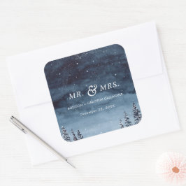 Navy Winter Waterverf Snowy bruiloft Vierkante Sticker