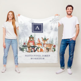 Navy Winter Woodland Animals Snowy Forest Monogram Fleece Deken
