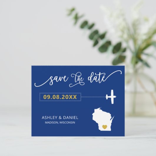 Navy Wisconsin Save the Date Map Briefkaart (Staand voorkant)