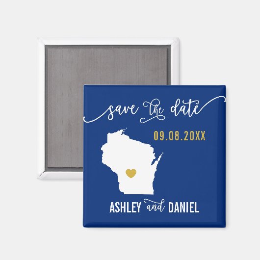 Navy Wisconsin Wedding Save the Date Map Magneet (Voorkant / Achterkant)