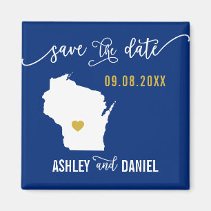 Navy Wisconsin Wedding Save the Date Map Magneet