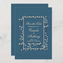 Navy Wit Bloemen Border Bruiloft Save The Date Kaart