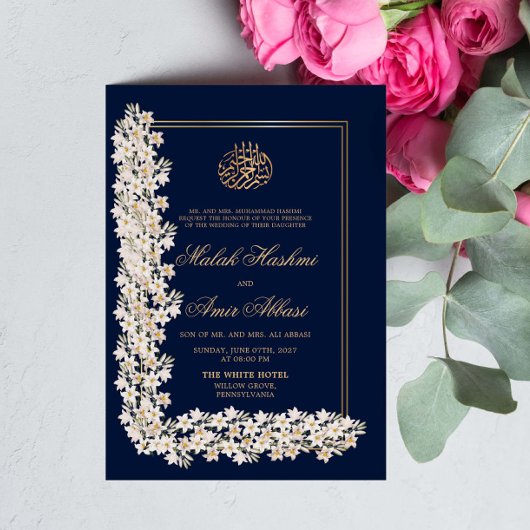 Navy Wit Bloemen Chic Islamitisch Moslim Bruiloft Kaart