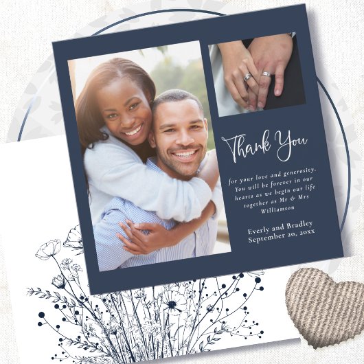 Navy Wit Bloemen Handgeschreven Bruiloft Dank u Kaart