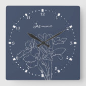 Navy Wit Bloemen Schets Aangepaste naam Vierkante Klok (Voorkant)