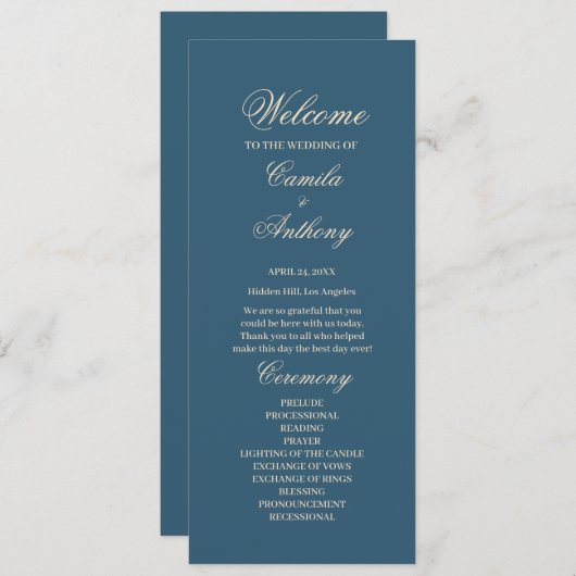 Navy Wit Bruiloft Programmakaart (Voorkant / Achterkant)