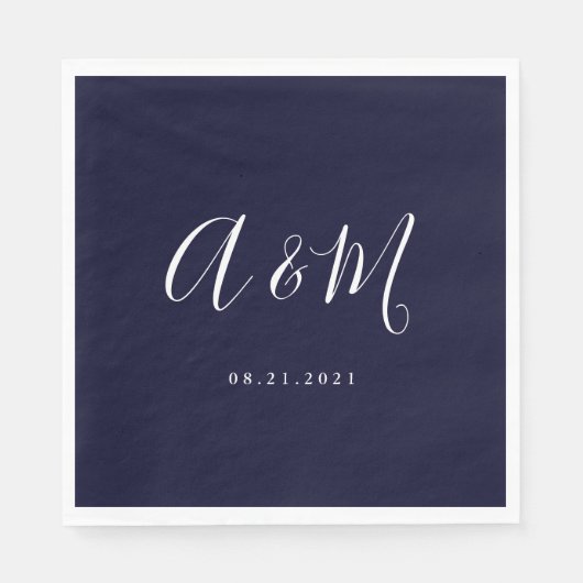 Navy Wit Elegant Monogram Bruiloft Servet (Voorkant)