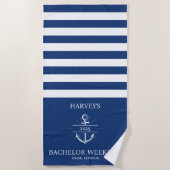 Navy & Wit Gecustomiseerd Jonggezellenweekend Strandlaken (Voorkant)