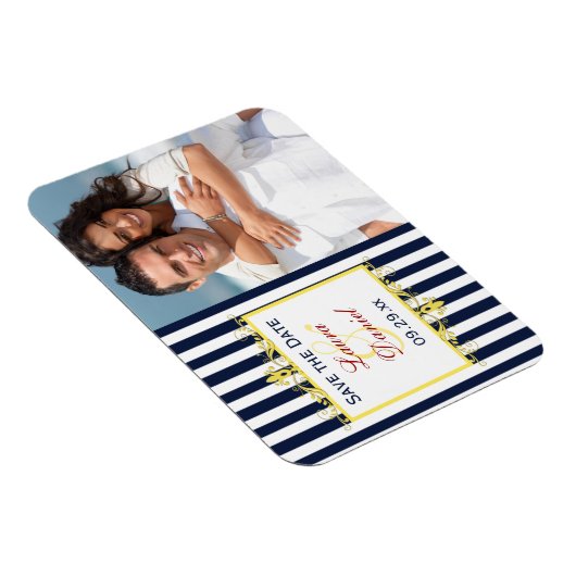 Navy Wit Geel Rood Gestreept Save the Date Magnet Magneet (Rechterzijde)
