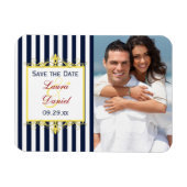 Navy Wit Geel Rood Gestreept Save the Date Magnet Magneet (Horizontaal)