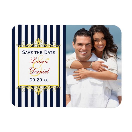 Navy Wit Geel Rood Gestreept Save the Date Magnet Magneet (Horizontaal)
