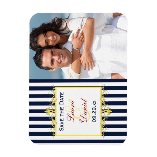 Navy Wit Geel Rood Gestreept Save the Date Magnet Magneet (Verticaal)
