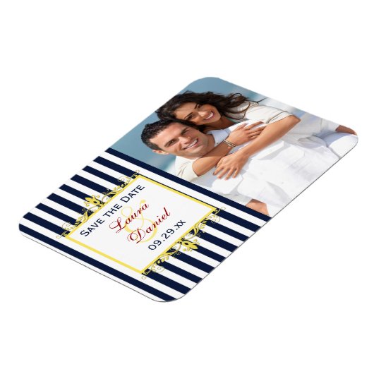 Navy Wit Geel Rood Gestreept Save the Date Magnet Magneet (Linkerzijde)