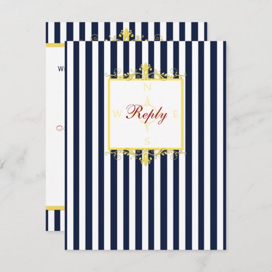 Navy, Wit, Geel, Rood Gestreepte RSVP Kaart II (Voorkant / Achterkant)