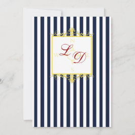 Navy Wit Geel Rood Strepen & Rollen Invite II Kaart