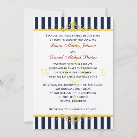 Navy Wit Geel Rood Strepen & Rollen Invite II Kaart (Achterkant)