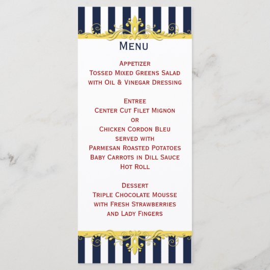 Navy Wit Gele Rode Strepen, Scrolls Menu Kaart (Achterkant)