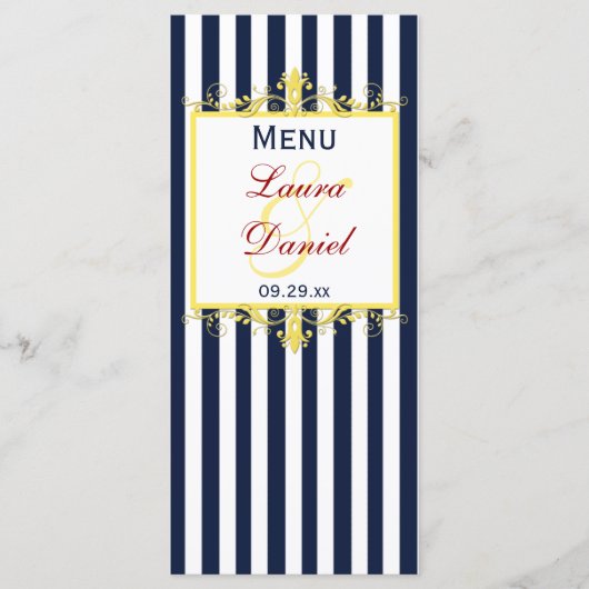 Navy Wit Gele Rode Strepen, Scrolls Menu Kaart (Voorkant)