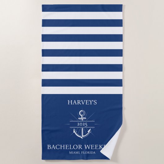 Navy & Wit Gepersonaliseerd Bachelor Weekend Strandlaken (Voorkant)
