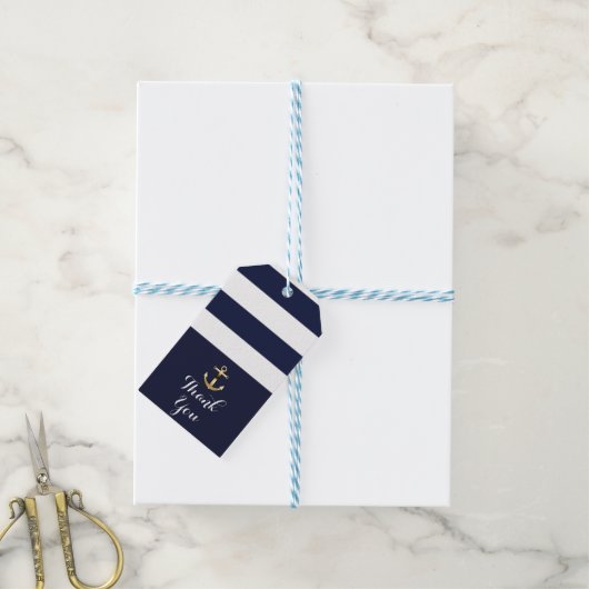 Navy Wit & Goud Anker Nautical Stripes Bruiloft Cadeaulabel (Met Touw)