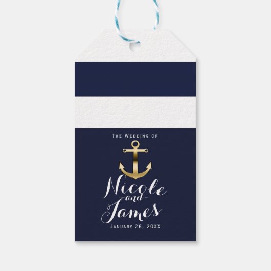 Navy Wit & Goud Anker Nautical Stripes Bruiloft Cadeaulabel (Achterkant)