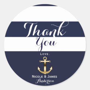 Navy Wit & Goud Anker Nautische Streep Favor Ronde Sticker