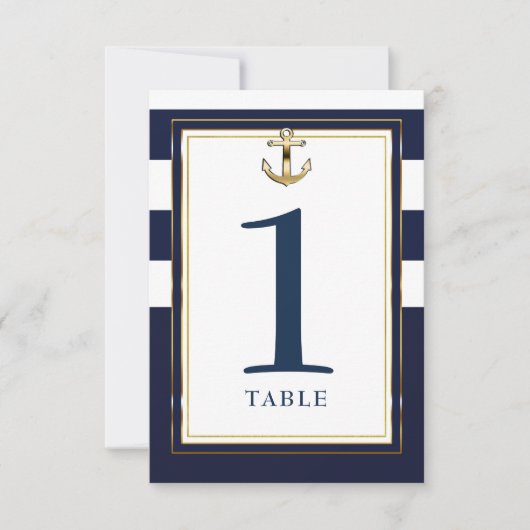 Navy Wit & Goud Anker Nautische Tafel Zitplaatsen Kaart (Voorkant)