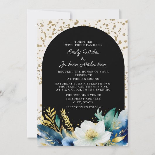 Navy Wit Gouden Bloem Boog Glitter Bruiloft Kaart (Voorkant)