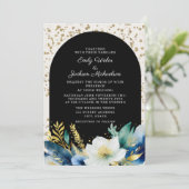 Navy Wit Gouden Bloem Boog Glitter Bruiloft Kaart (Staand voorkant)