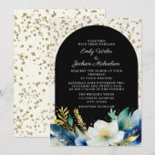 Navy Wit Gouden Bloem Boog Glitter Bruiloft Kaart (Voorkant / Achterkant)