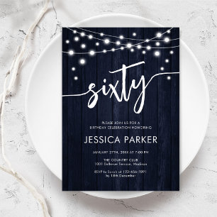 Navy Wit Rustiek Hout 60e Verjaardagsfeest Kaart