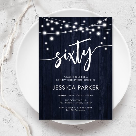 Navy Wit Rustiek Hout 60e Verjaardagsfeest Kaart