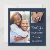 Navy Wit Script Foto Bruiloft Dank u Kaart (Voorkant)