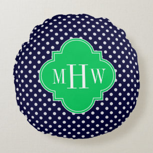 Navy Wit Stippen Smaragd Vierblad 3 Monogram Rond Kussen