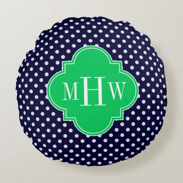 Navy Wit Stippen Smaragd Vierblad 3 Monogram Rond Kussen (Voorkant)