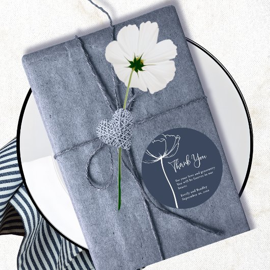 Navy wit vet minimale bloemenbruiloft dank u ronde sticker