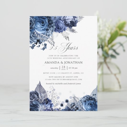 Navy & Wit Zilverfolie 25e Trouwdag Kaart (Staand voorkant)