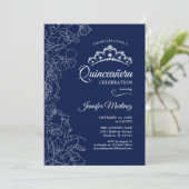 Navy Witte Bloemen Quinceanera Party Kaart (Staand voorkant)