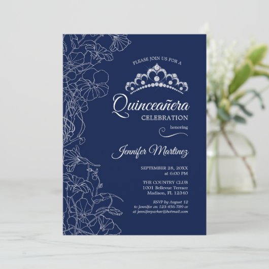 Navy Witte Bloemen Quinceanera Party Kaart (Staand voorkant)
