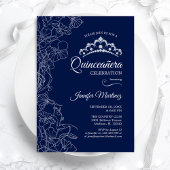 Navy Witte Bloemen Quinceanera Party Kaart