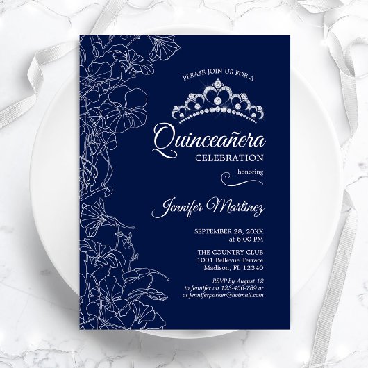 Navy Witte Bloemen Quinceanera Party Kaart