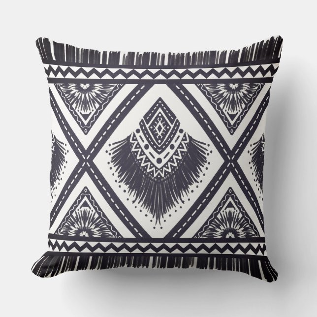 Navy Witte Boho Gestructureerde Worp Kussen (Voorkant)