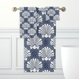 Navy & Witte Schelp Bad Handdoek