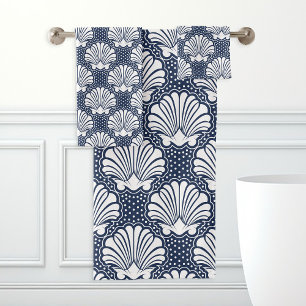 Navy & Witte Schelp Bad Handdoek