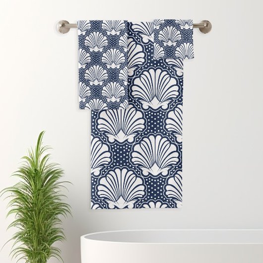 Navy & Witte Schelp Bad Handdoek