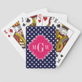 Navy Witte Stip Raspberry Quatrefoil 3 Monogram Speelkaarten (Achterkant)