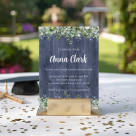 Navy Wood Eucalyptus Graduation Invitation Kaart