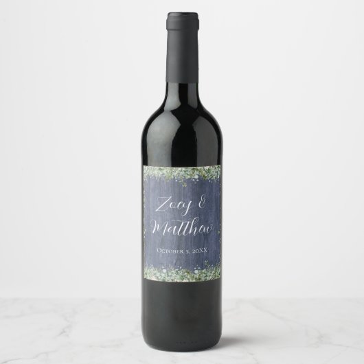 Navy Wood Eucalyptus Wedding Wine Label | Rustic Wijn Etiket (Voorkant)